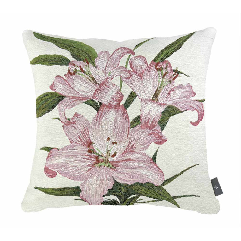 housse de coussin avec un bouquet de lys et fond blanc